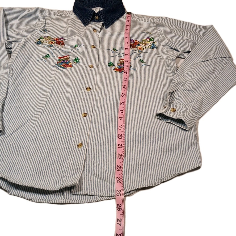 VTG Denim Winter Christmas Snowman Bear Embroidered Button Up Shirt‎ Sz S 90s - Picture 6 of 8